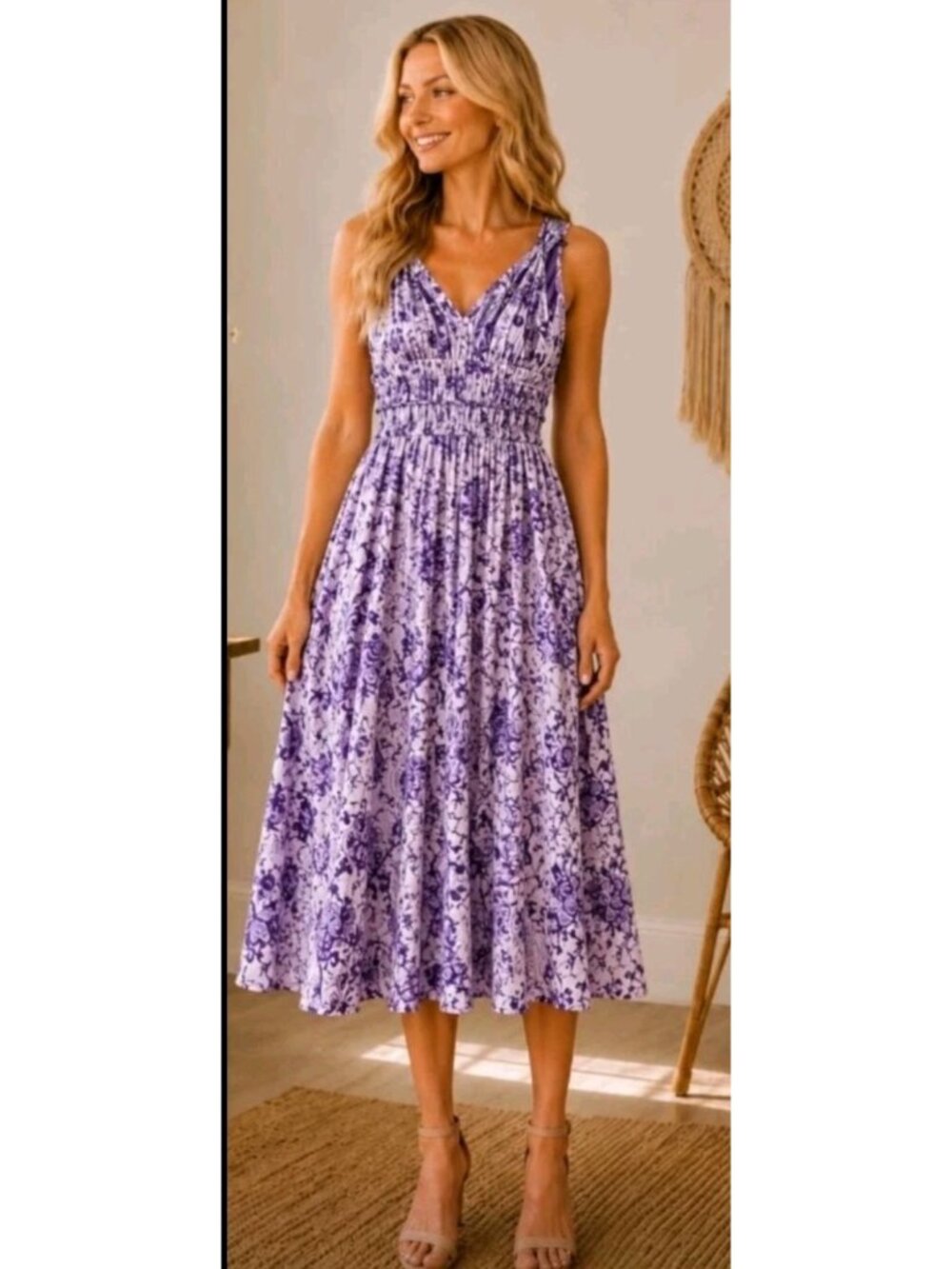 Womens Floral Midi Dress Fit & Flare Party Baby Shower Summer Church Event Small